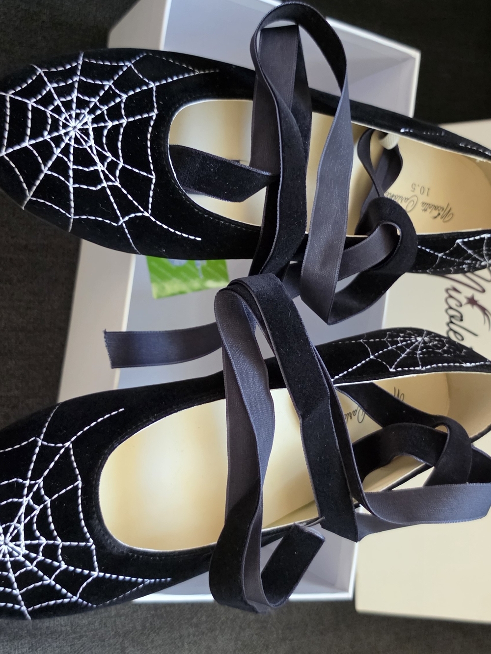 Black Velvet Spiderweb Flats with Ribbon Tie --Size 10.5 - Nicoletta Carlone
